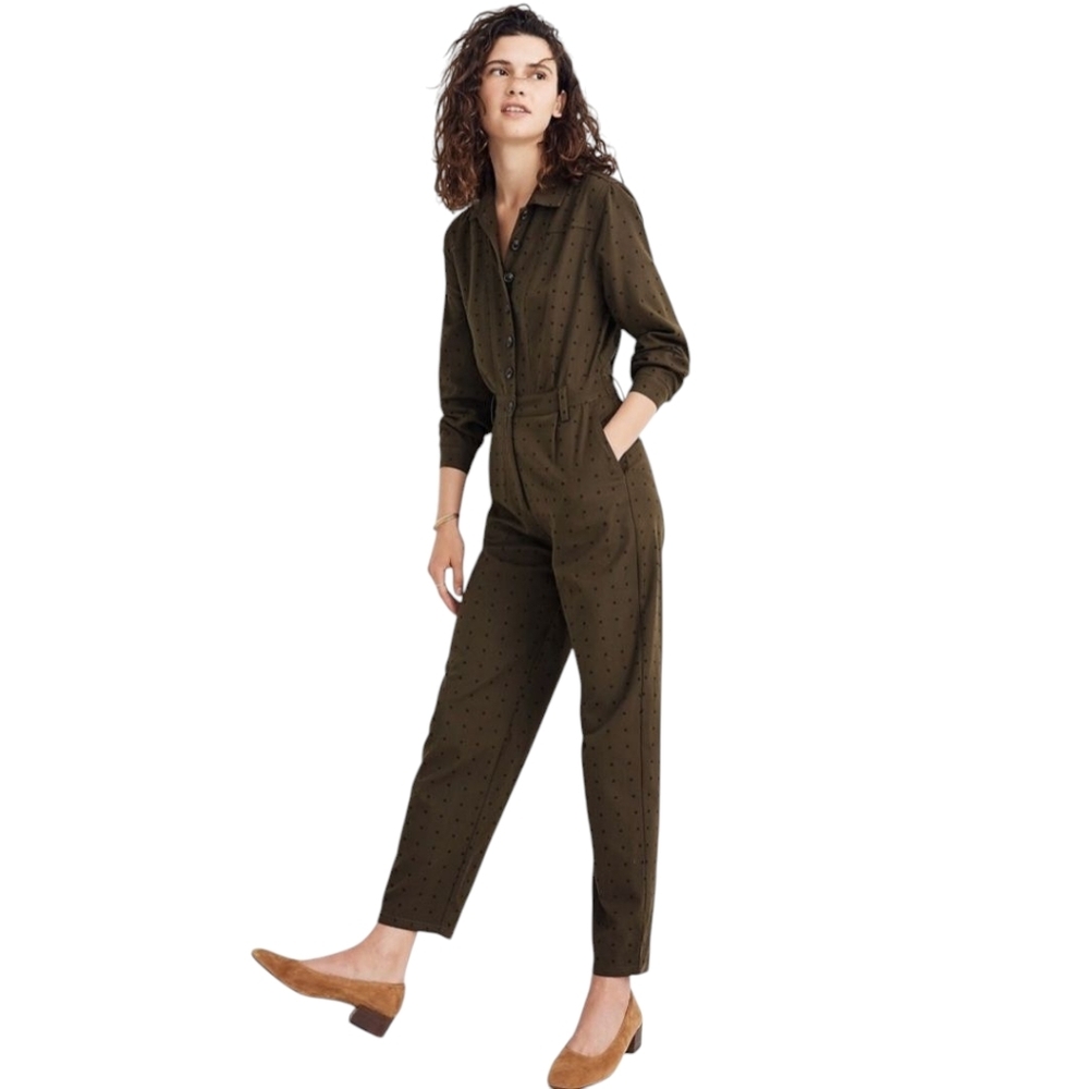 Madewell Seamed Coverall Jumpsuit 4 Grid Dot Olive Green Black Boho Longsleeve